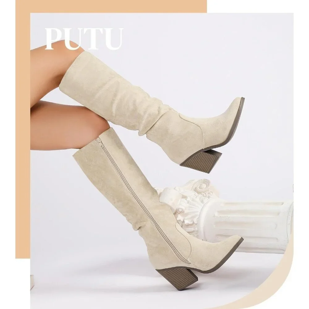Women's Beige Faux Suede Chunky Heel Boots Side Zipper Slouchy Knee High Boots